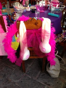 My chair!!  Tulle, feather boa, AND amazing boob scarf from Nicole - what more could you want?!